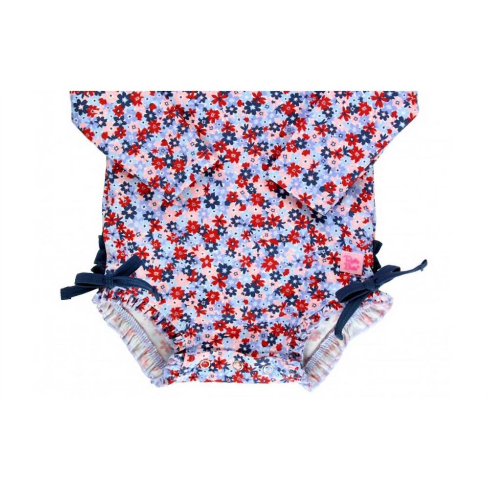 NEW RUFFLEBUTTS baby girls' one piece rash guard swimsuit in red, white and blue